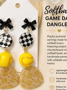 Black & Yellow Softball Dangle Earrings with Checkerboard Accent